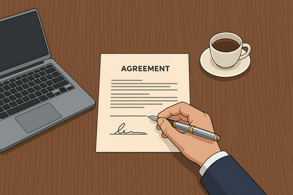 Persoon die digitaal een leencontract ondertekent op een laptop