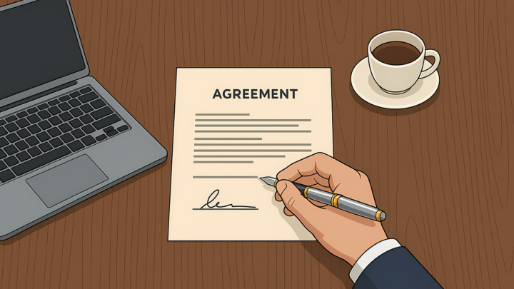 Persoon die digitaal een leencontract ondertekent op een laptop